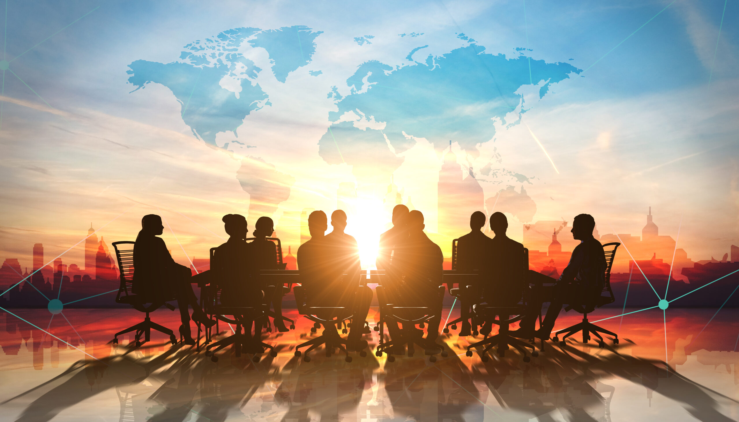 World Management Team in office silhouette Politische Fuehrung